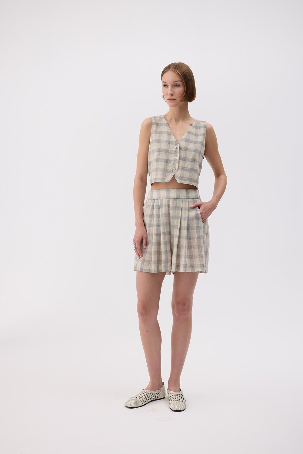 Gilet a quadri grigio (3447) - 28% lino 72% cotone