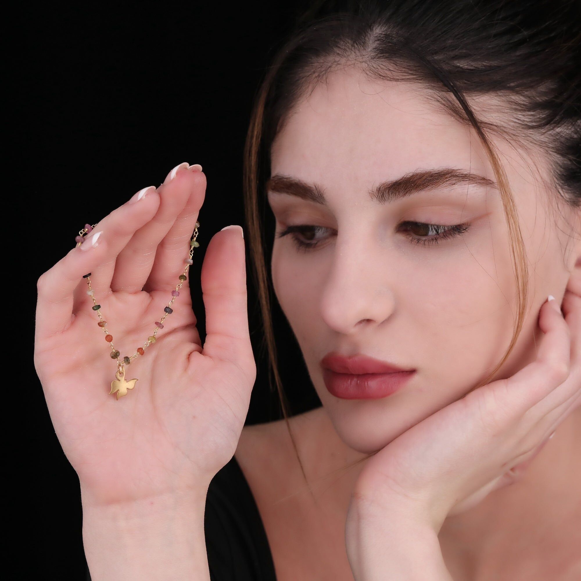 Gold Plated Tourmaline Bracelet with Butterfly Pendant – Minimalist Gemstone Jewelry, Adjustable, 19cm Standard Circumference