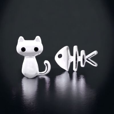 925 Sterling Silver Stud Earrings "Cat & Fish"