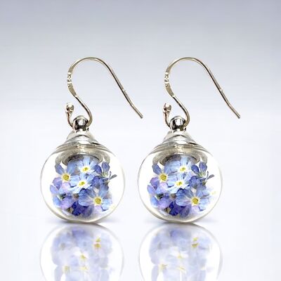 Elegant 925 Sterling silver earrings with real forget-me-nots - summery chic, allergy-friendly, 3.5cm, including non-slip silicone stoppers - OHR925-29