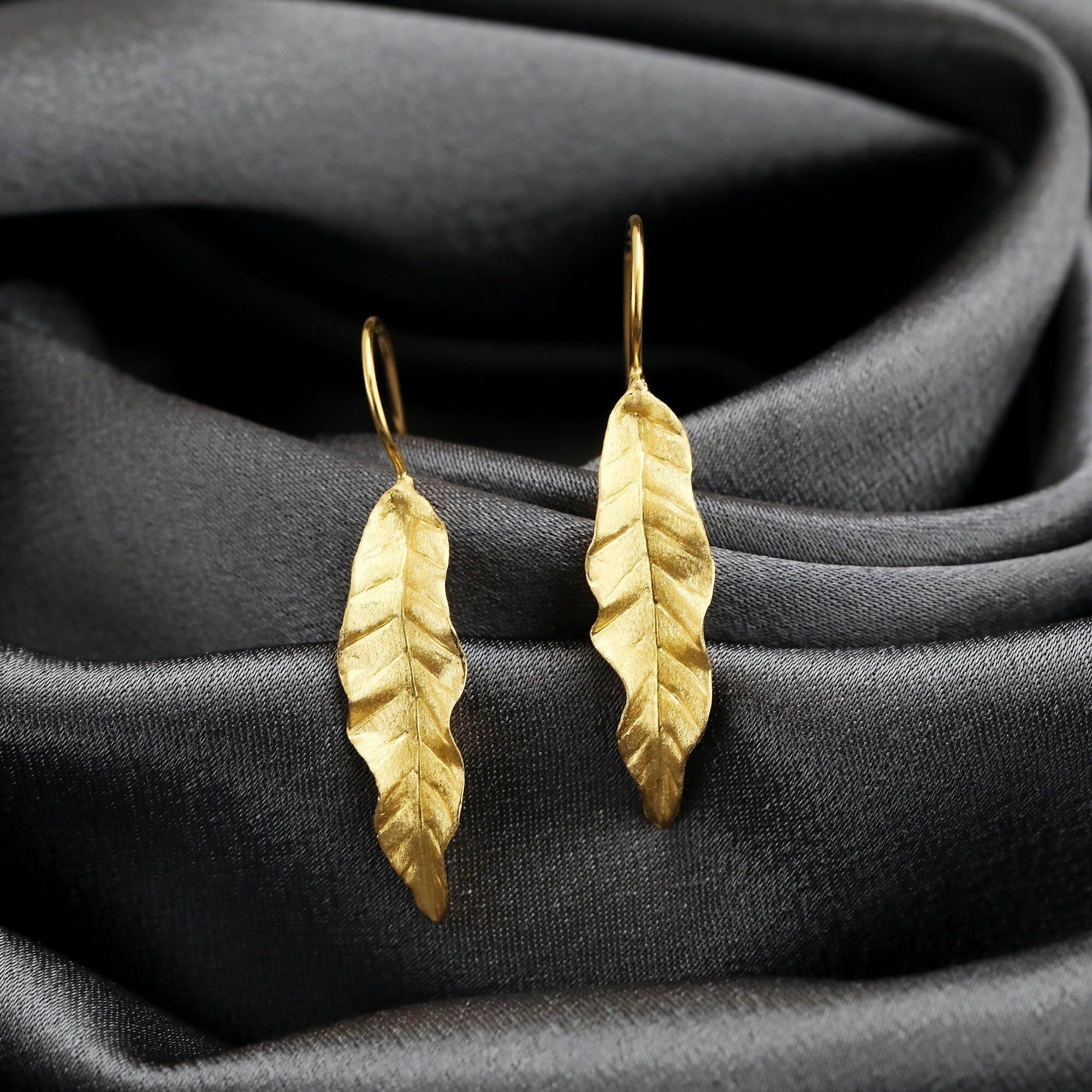 Boucles d'oreilles longues feuilles plaqué or 925 bijoux naturels idée cadeau - OHR925-108
