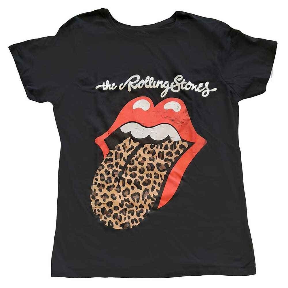 The Rolling Stones Damen T-Shirt - Zunge mit Leopardenmuster