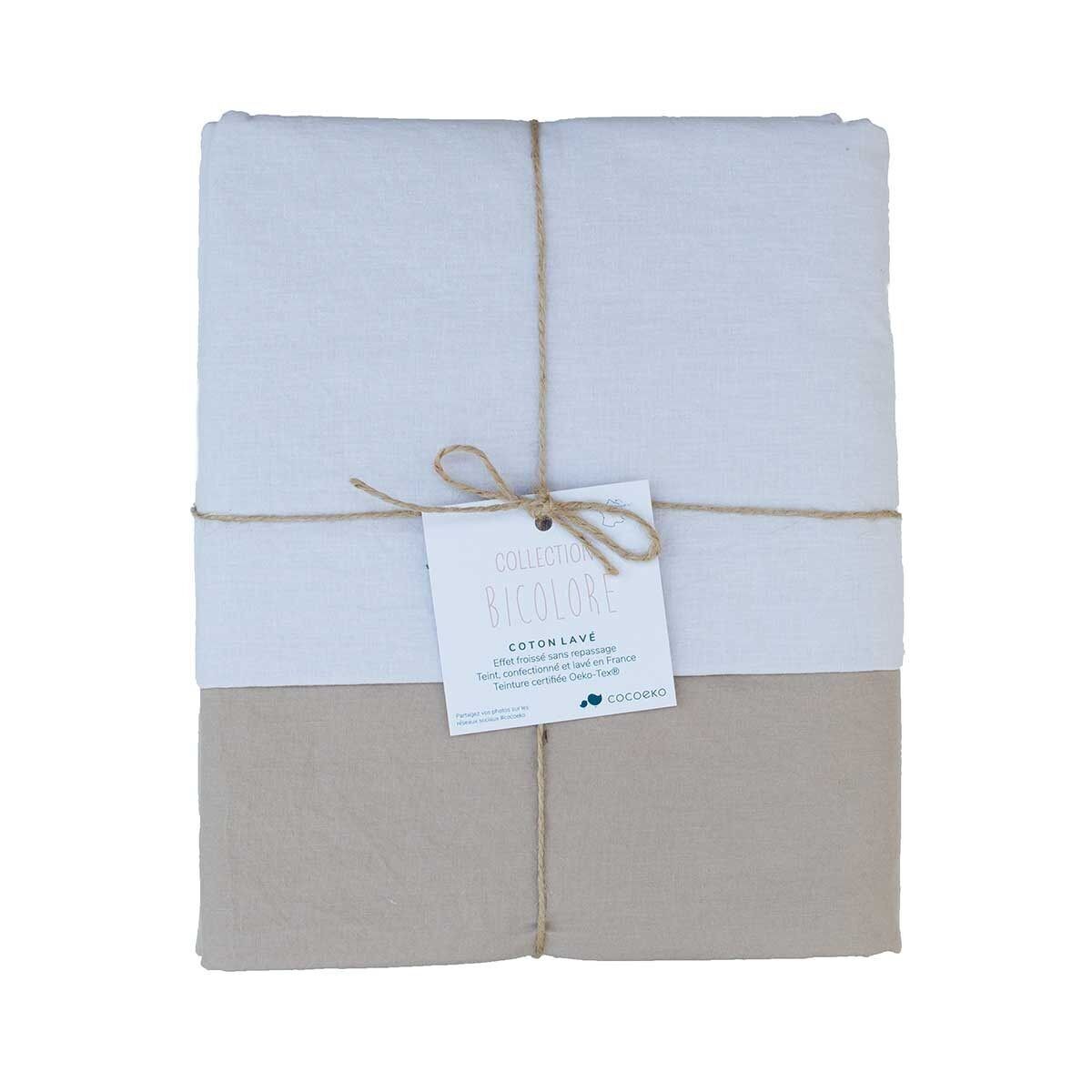 Bettbezug aus gewaschener Baumwolle WEISS/BISCUIT