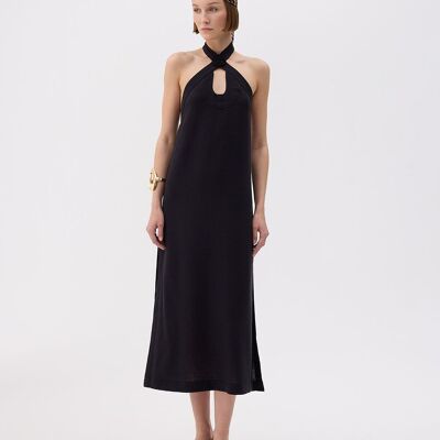 Abito in lino nero con scollo all'americana (3457) - SS2025