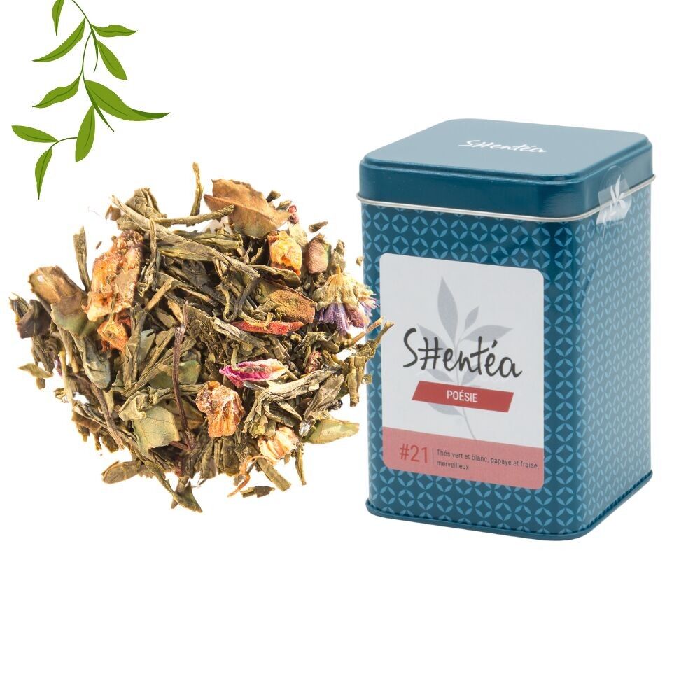 Tè alla frutta bianca - Tè bianco con papaya e fragola - POÉSIE - 80 g - Tè sfuso premium in lattina di metallo