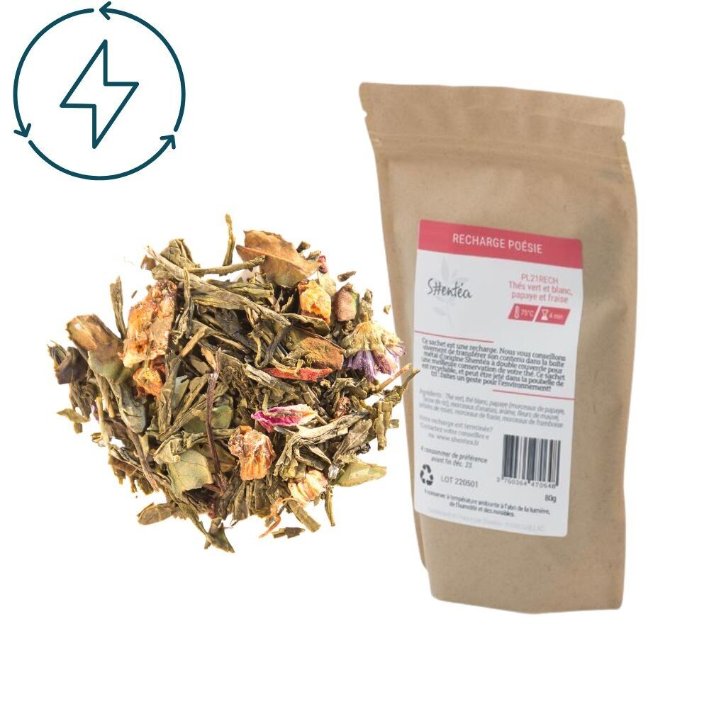 Frucht- und Grünteemischung – Nachfüllpackung für Grün- und Weißtee mit Papaya und Erdbeere – POÉSIE (RE) – Premium-Blatttee – 100 g