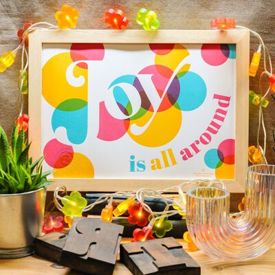 Poster tipografico Joy is All Around, bolla, gioia, A4, colorato, tipografia