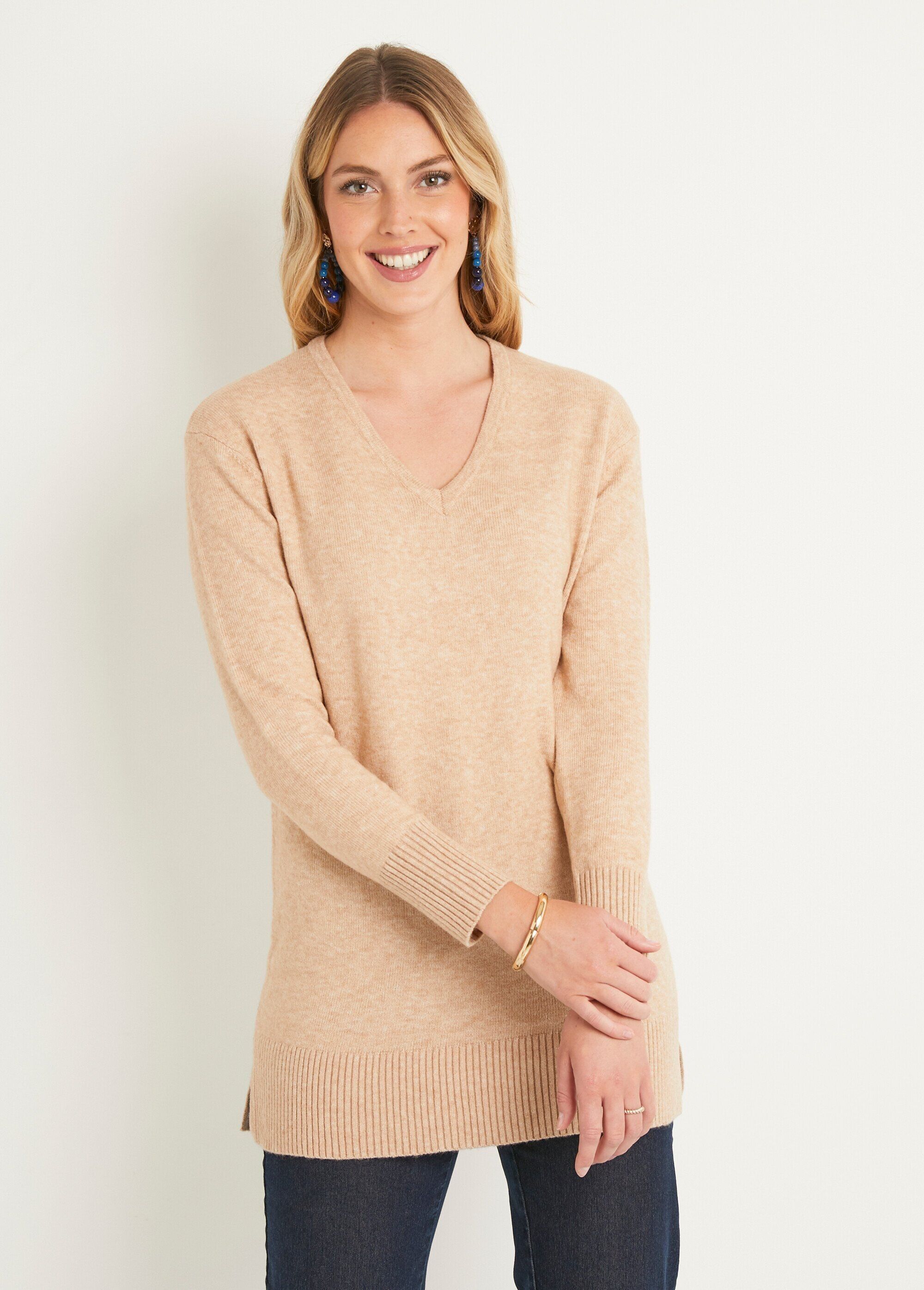 Maglione lungo a tunica in lana melange con scollo a V