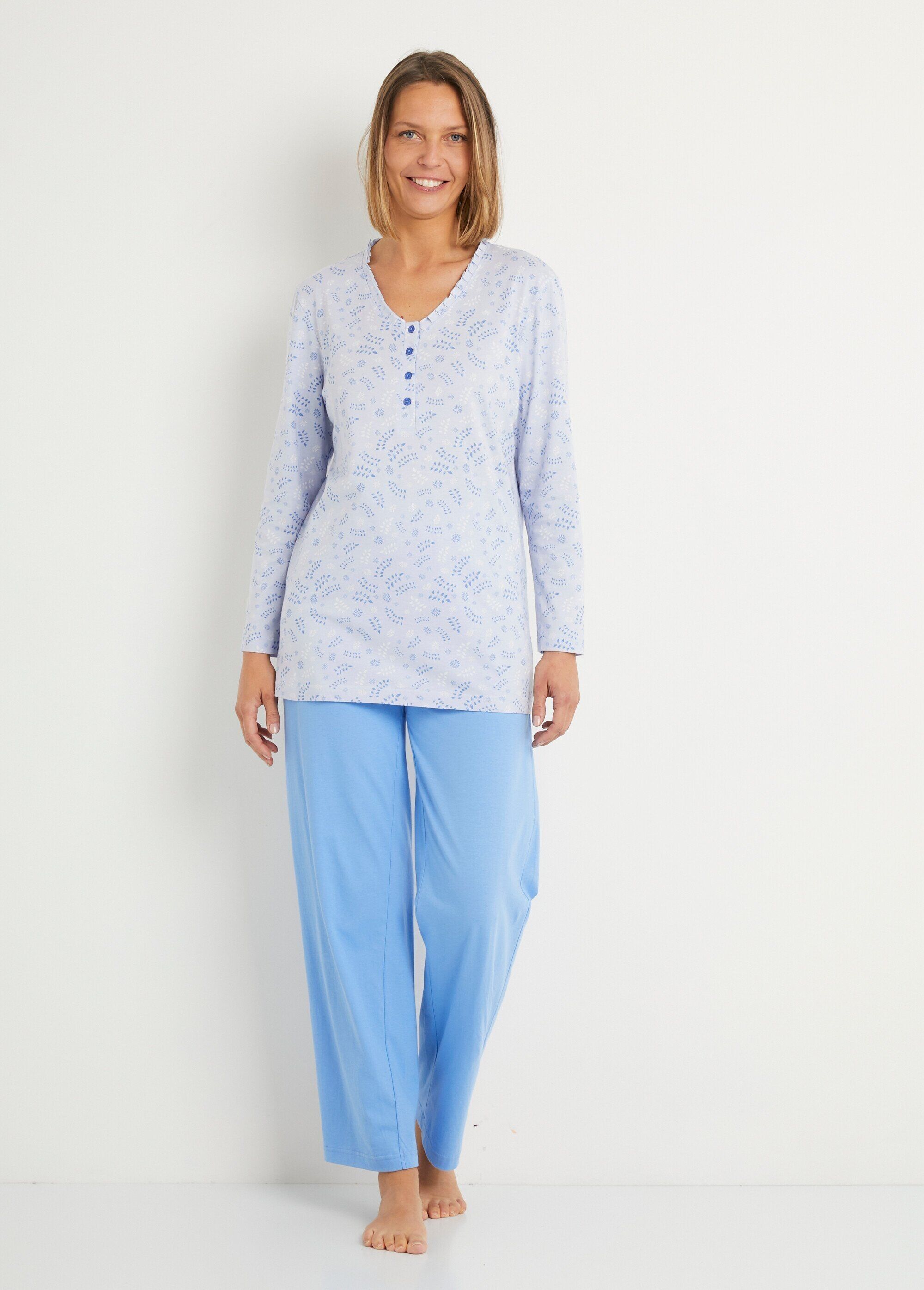 Printed buttoned cotton long-sleeved pajamas