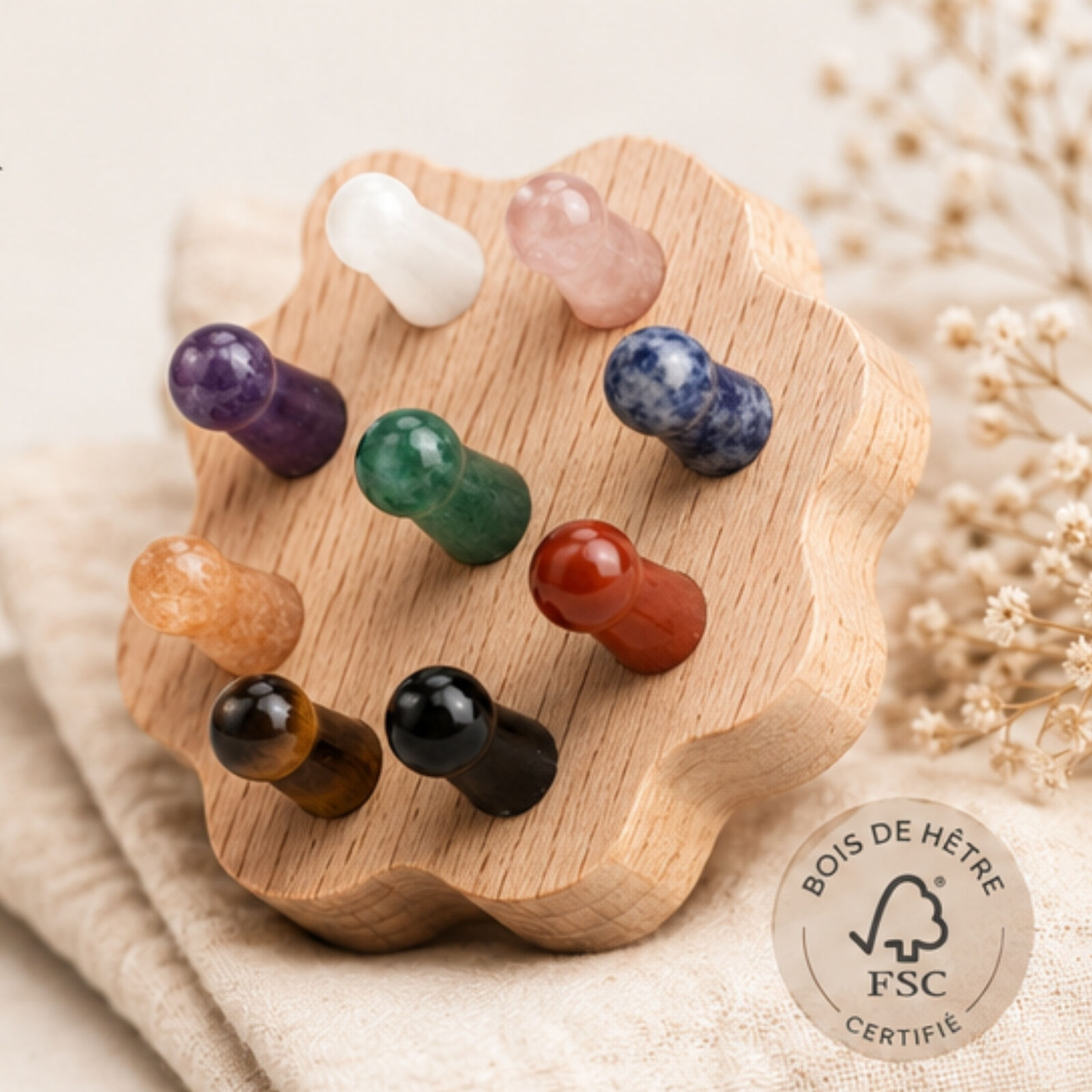 Scalp Brush in FSC Beech Wood and Natural Stone - 9 Massage Points - Stimulates Blood Circulation - Revitalizes Scalp - Natural Lithotherapy Hair Care