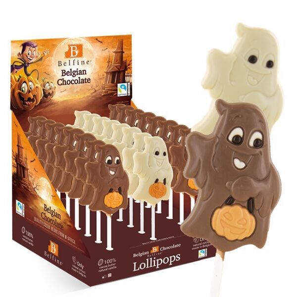 HALLOWEEN GHOST CHOCOLATE Lutscher 25g – Display mit 24 Lutschern