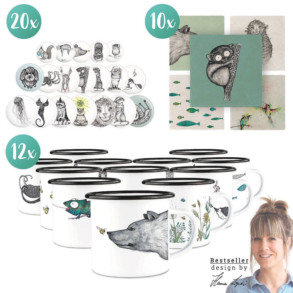 Offre groupée B2B pour apprendre à connaître [12 tasses en émail, 10 sous-verres à carreaux, 20 aimants]