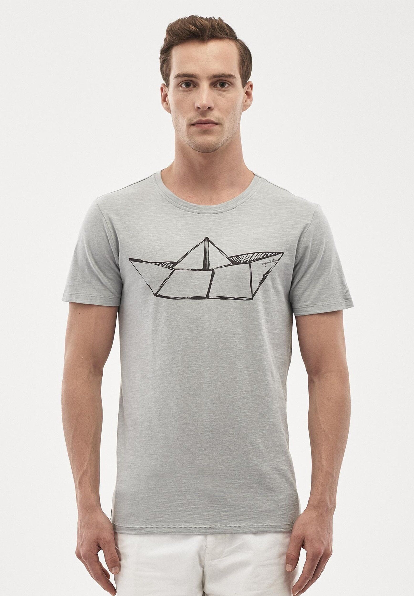 T-shirt in cotone biologico con stampa nave di carta