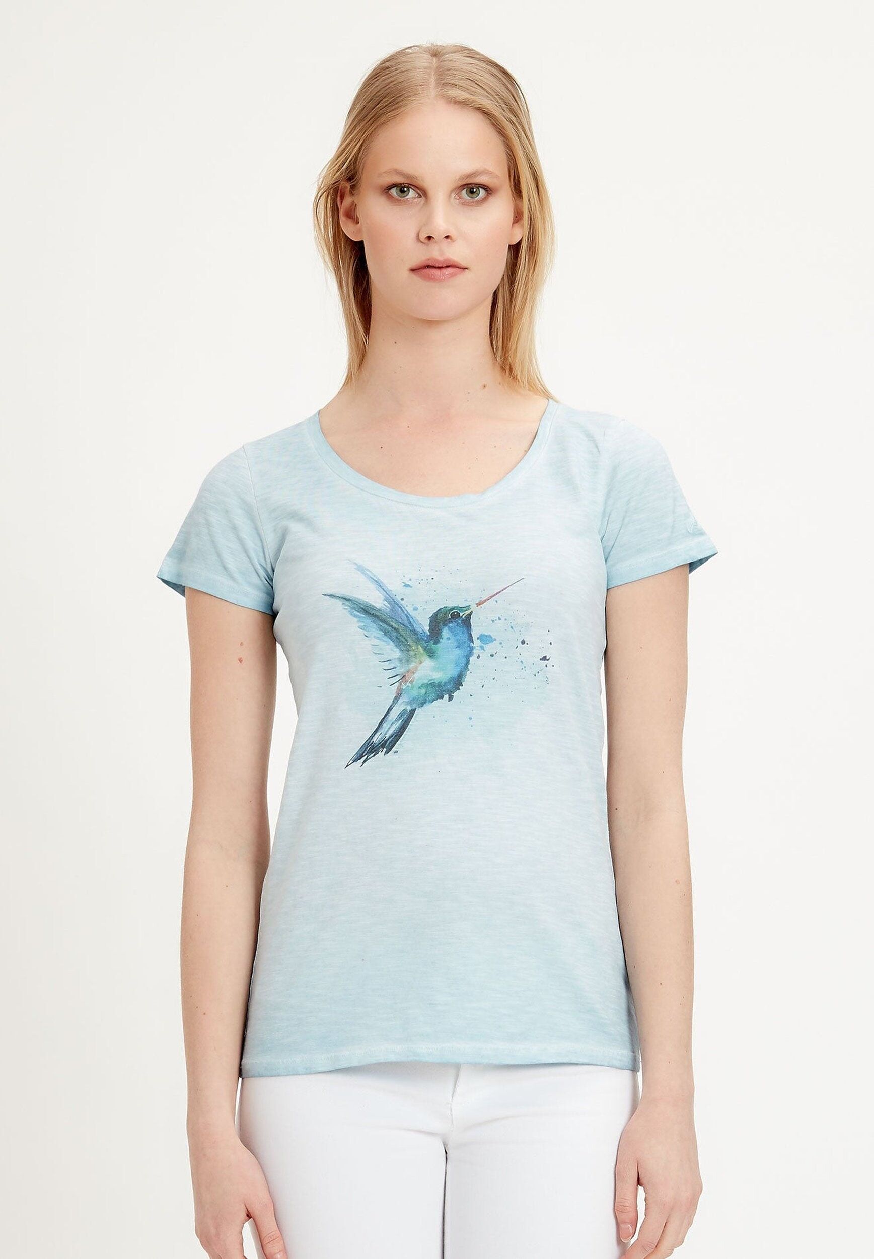 T-shirt tinta in capo realizzata in cotone biologico con stampa di uccelli