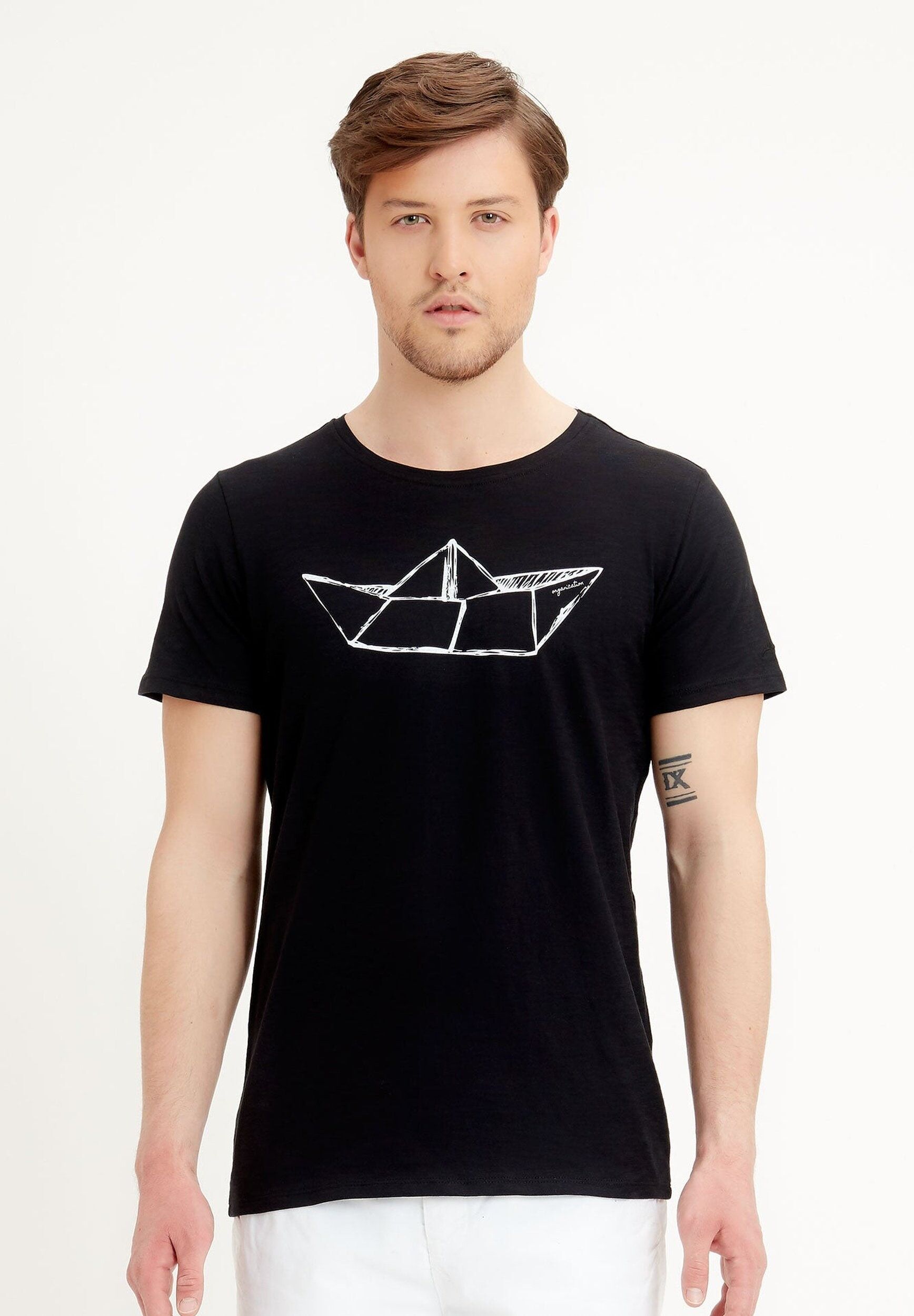 T-shirt in cotone biologico con stampa nave di carta