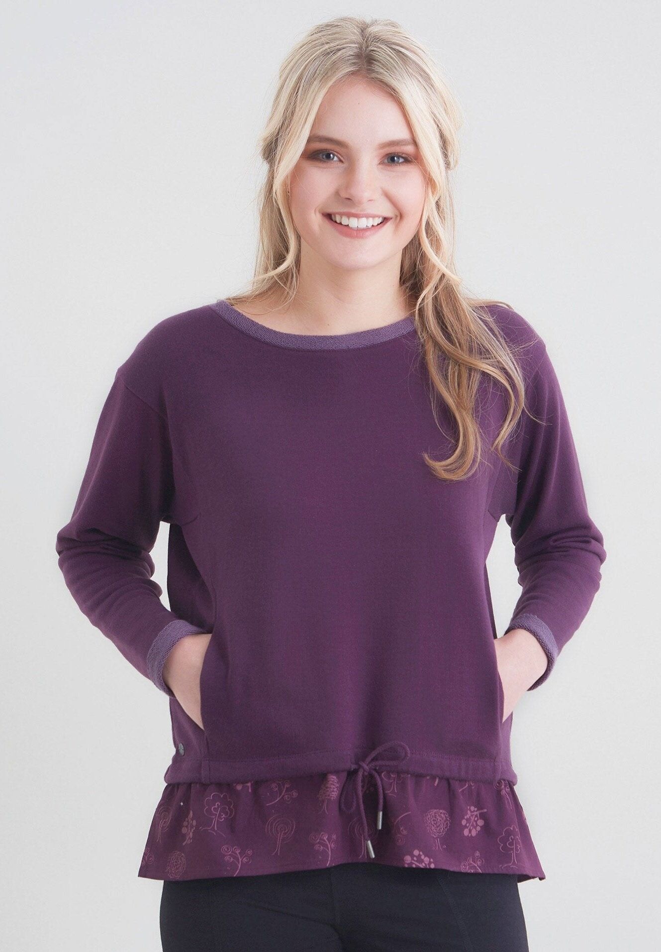 Camicia a maniche lunghe in TENCEL™ Lyocell con volant applicati e coulisse sull'orlo