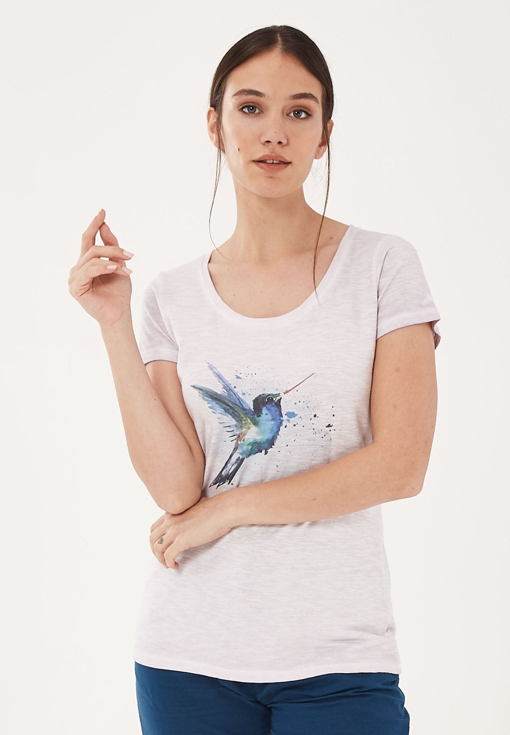 T-shirt tinta in capo realizzata in cotone biologico con stampa di uccelli