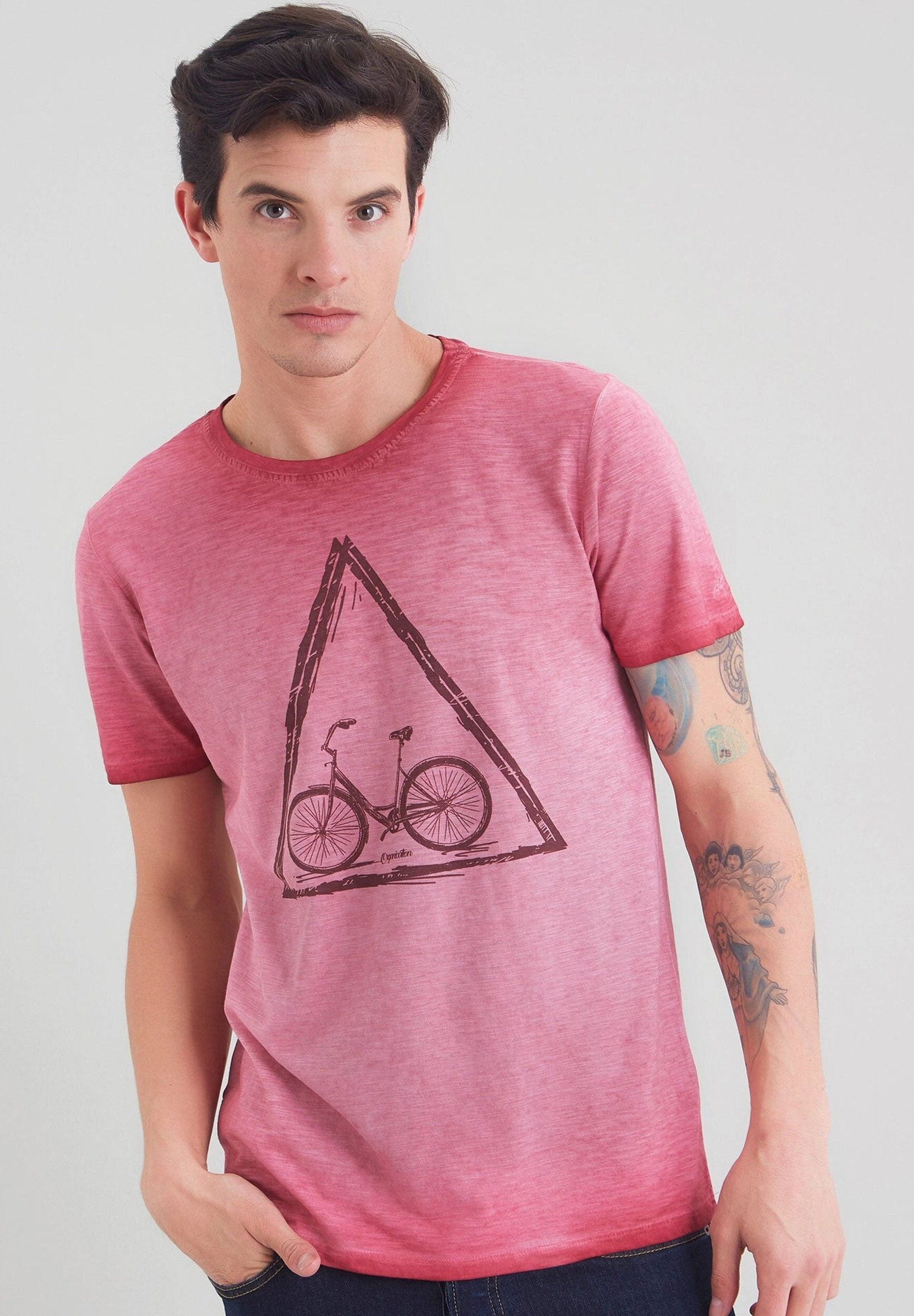 T-shirt tinta in capo realizzata in cotone biologico con stampa di biciclette