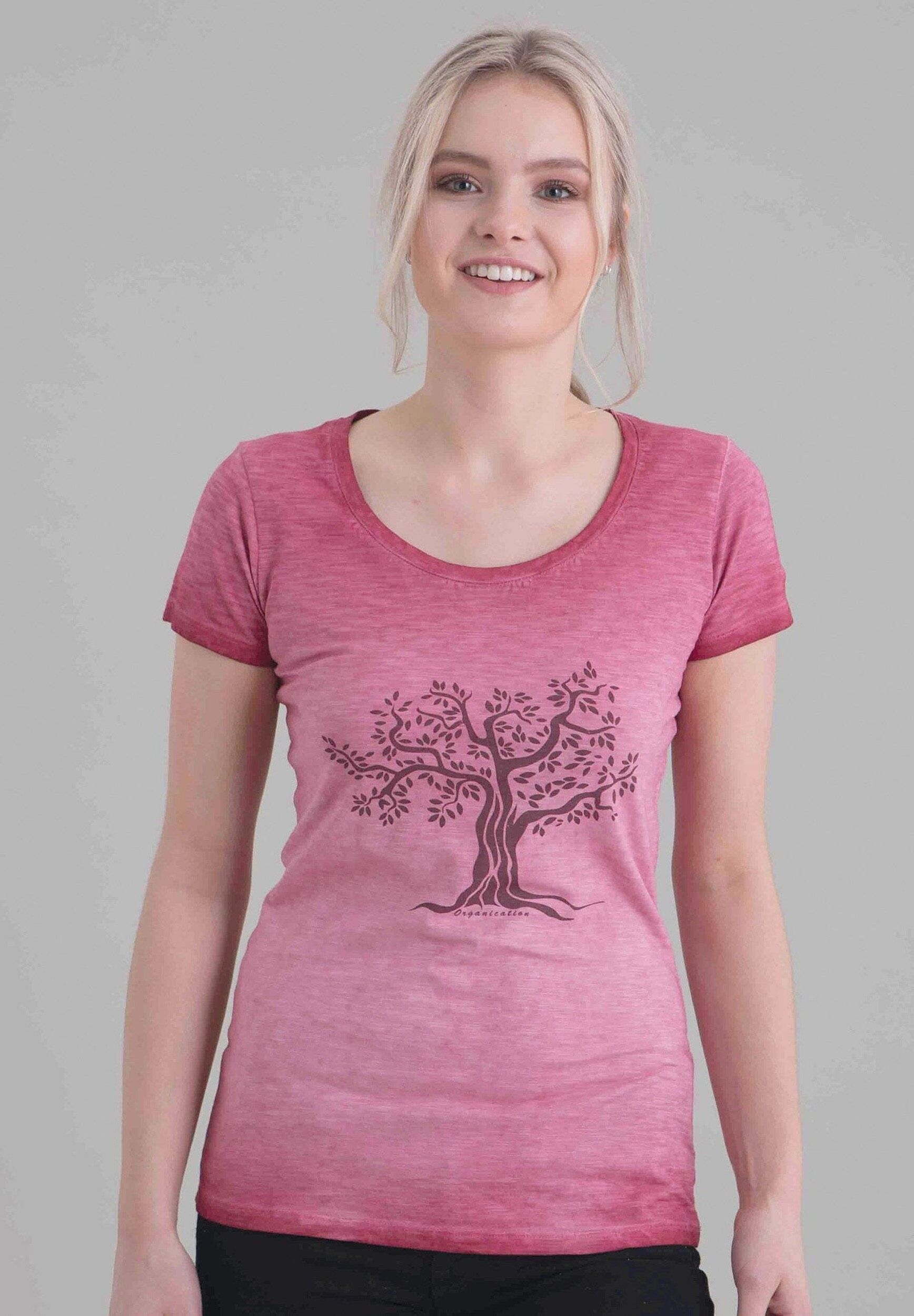 T-shirt in cotone organico tinto in capo con stampa di alberi