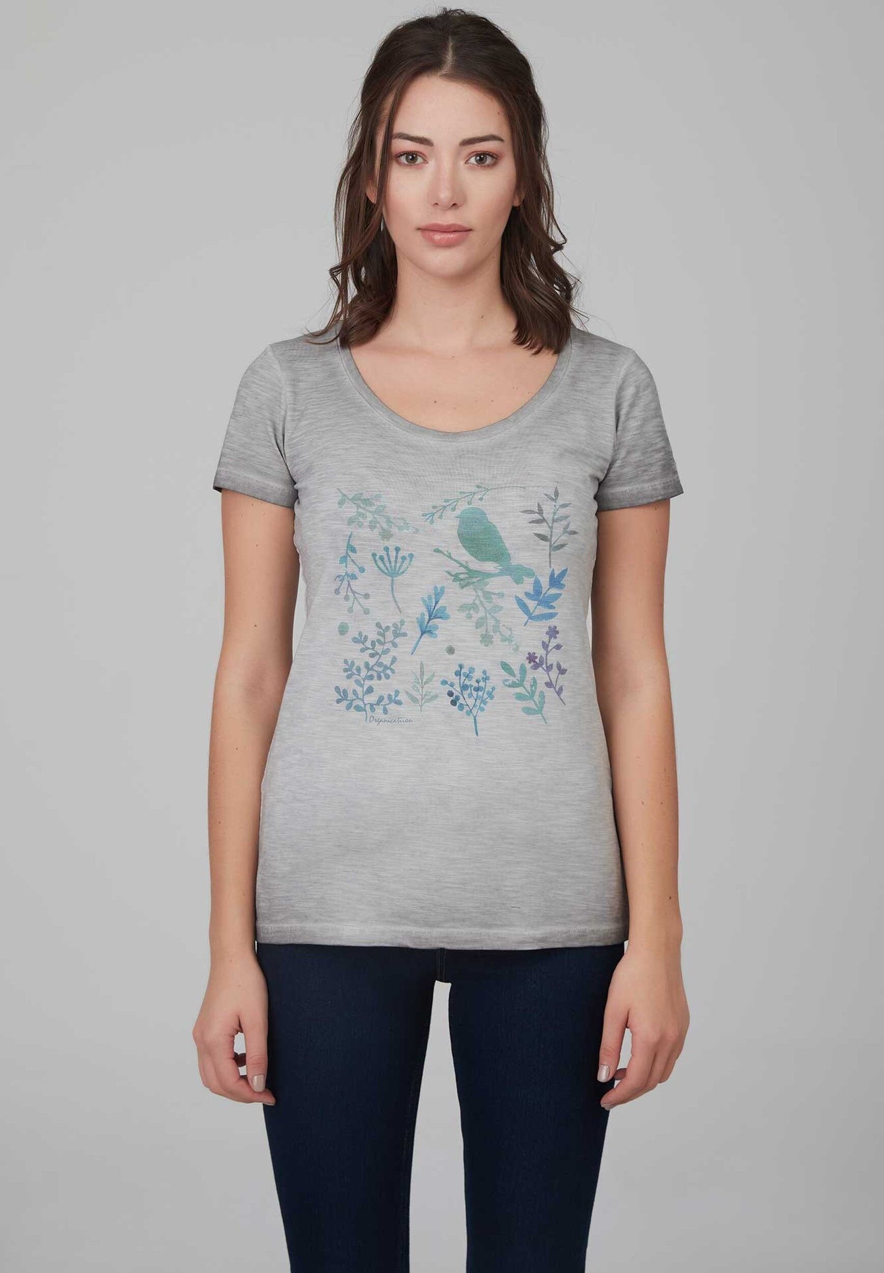 T-shirt tinta in capo realizzata in cotone biologico con stampa di uccelli