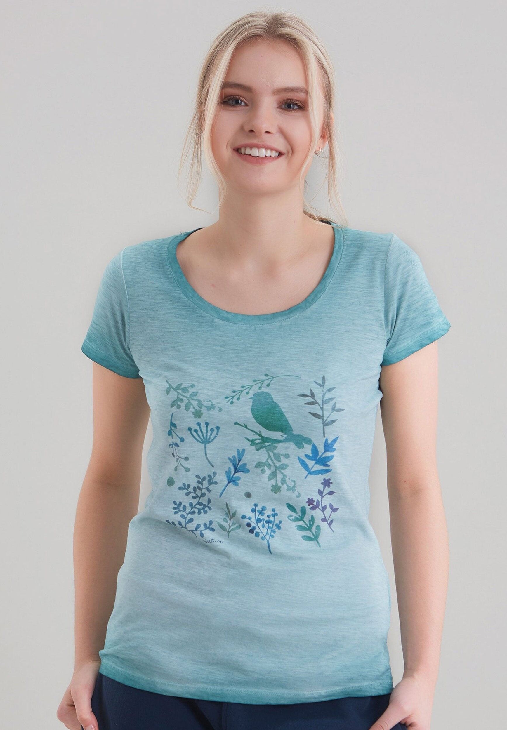 T-shirt tinta in capo realizzata in cotone biologico con stampa di uccelli