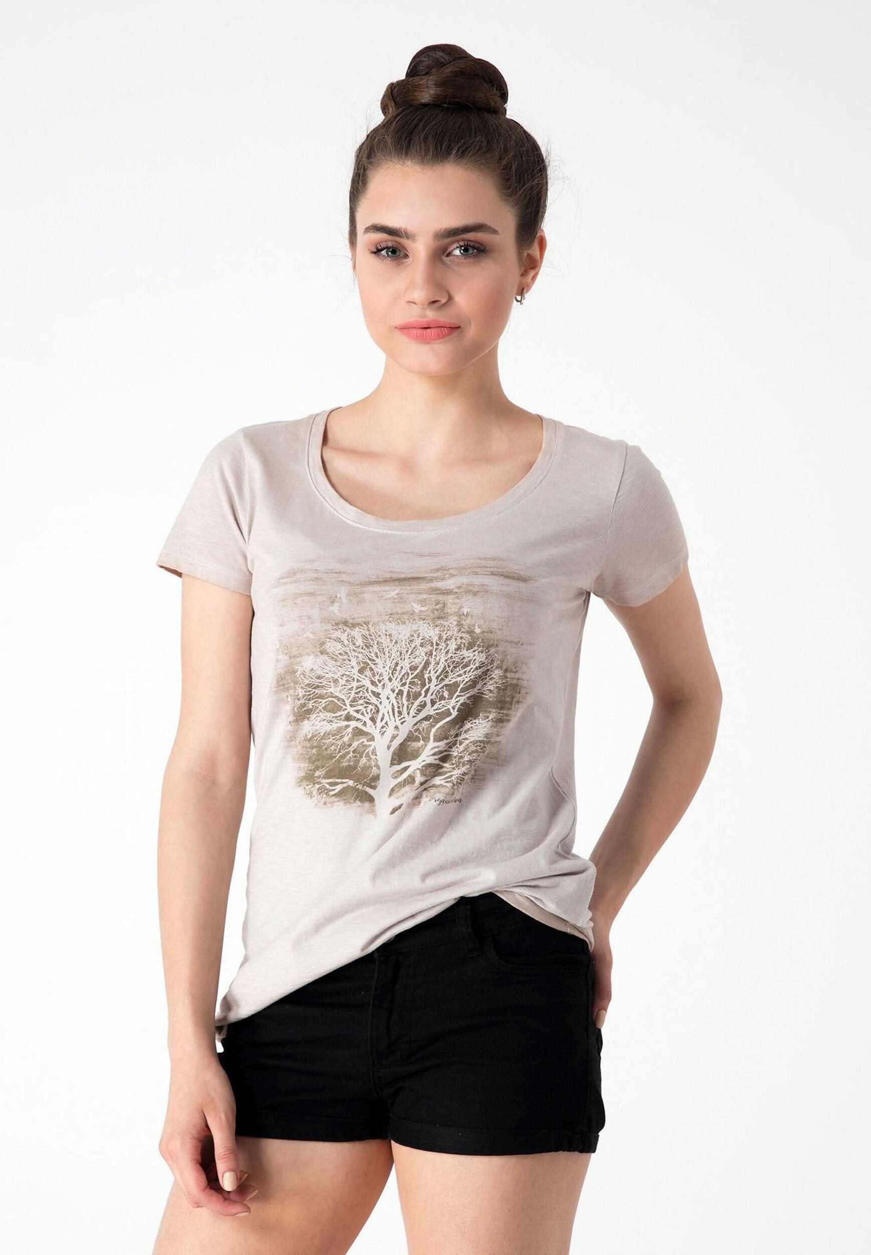 T-shirt con stampa albero e uccelli realizzata in cotone biologico