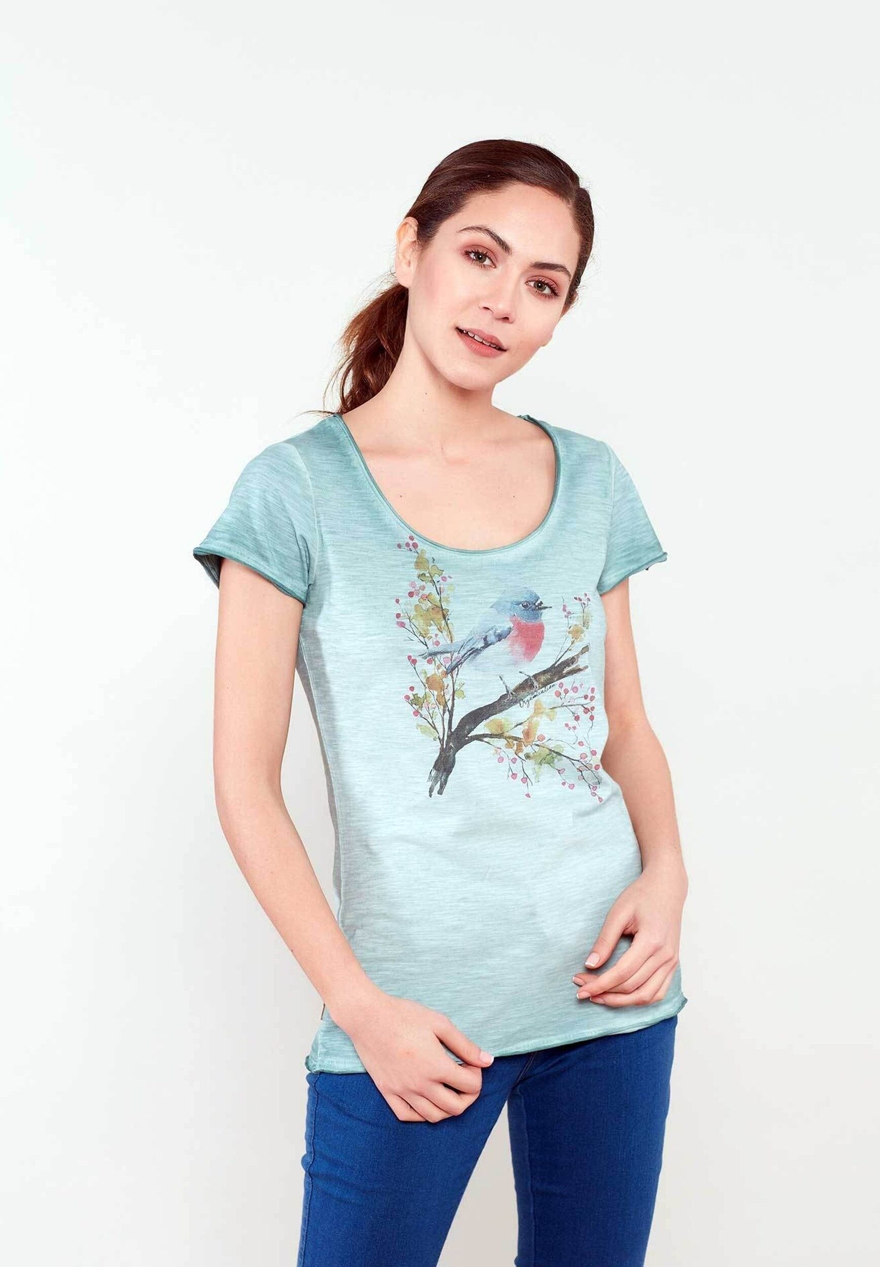 T-shirt stampata in cotone biologico con motivi di uccelli