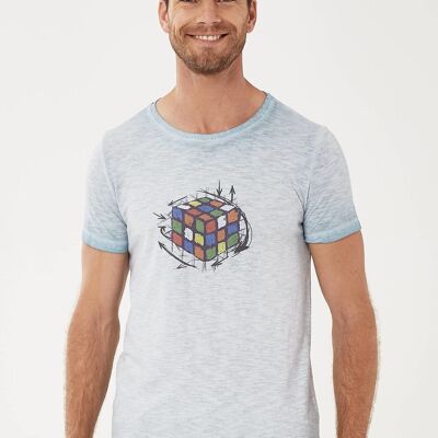 Camiseta de algodón orgánico teñida en prenda con estampado del cubo de Rubik