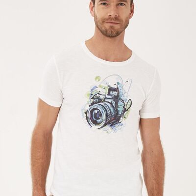 Camiseta de algodón orgánico con estampado de cámaras