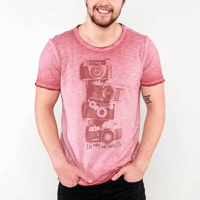 Camiseta sin rematar de algodón orgánico con motivo de cámara