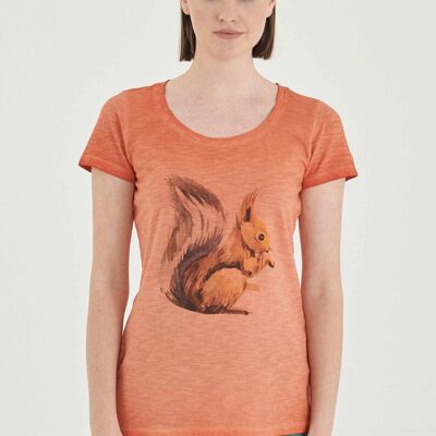 T-shirt tinta in capo realizzata in cotone biologico con stampa di scoiattoli