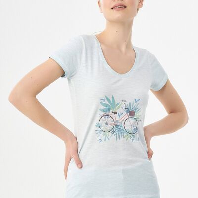 Camiseta teñida en prenda de algodón orgánico con estampado de bicicletas