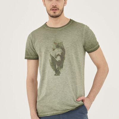 Camiseta de algodón orgánico teñida en prenda con estampado de osos
