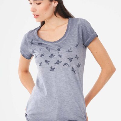 Camiseta teñida en prenda de algodón orgánico con estampado de pájaros
