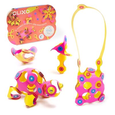 CLIXO - Crew Pack (Rosa/Giallo) - Gioco di costruzione magnetico, flessibile, durevole e fantasioso - 30 pezzi - A partire da 4 anni