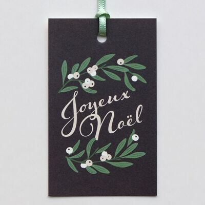 Etiqueta de regalo Joyeux Noël, con cinta de seda