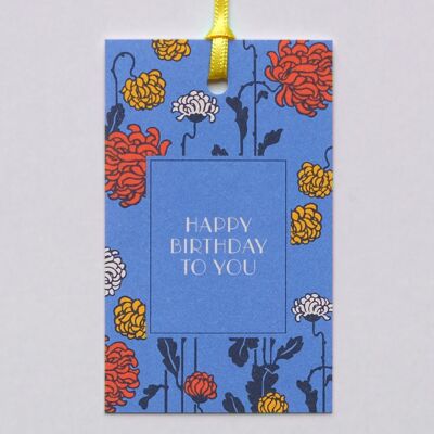 Étiquette cadeau chrysanthème avec ruban de soie