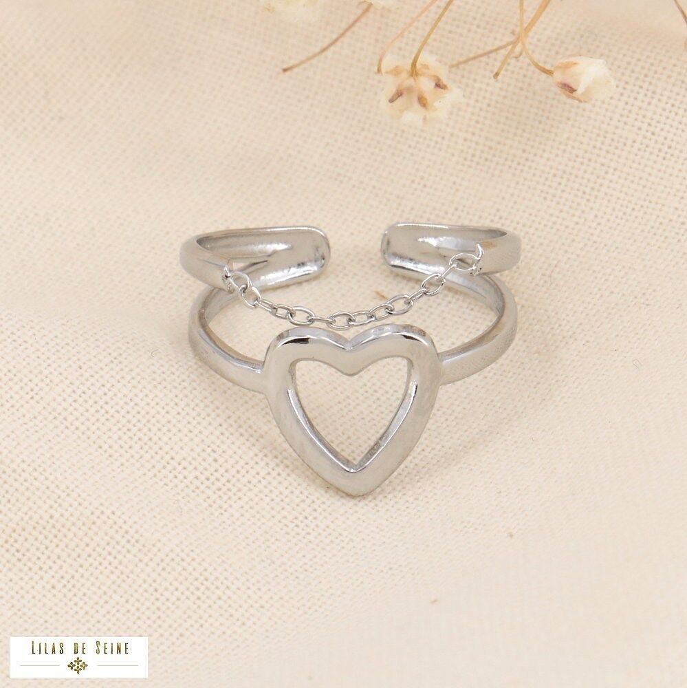 Anello in acciaio a doppia fila con cuore e catena 0423083
