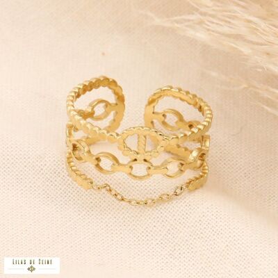 Multi-row ring with steel chains and coffee mesh 0423079