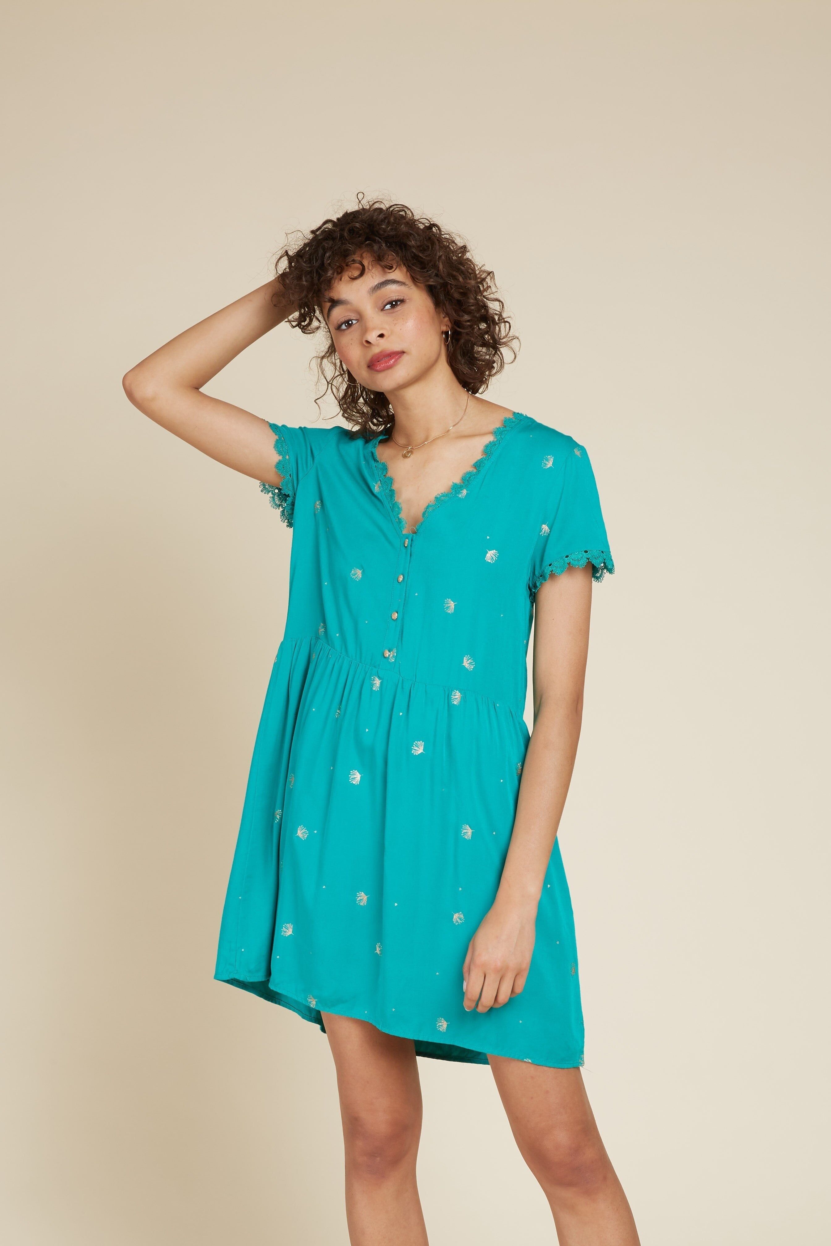 INDIA - Abito corto e fluido con floccatura di tarassaco