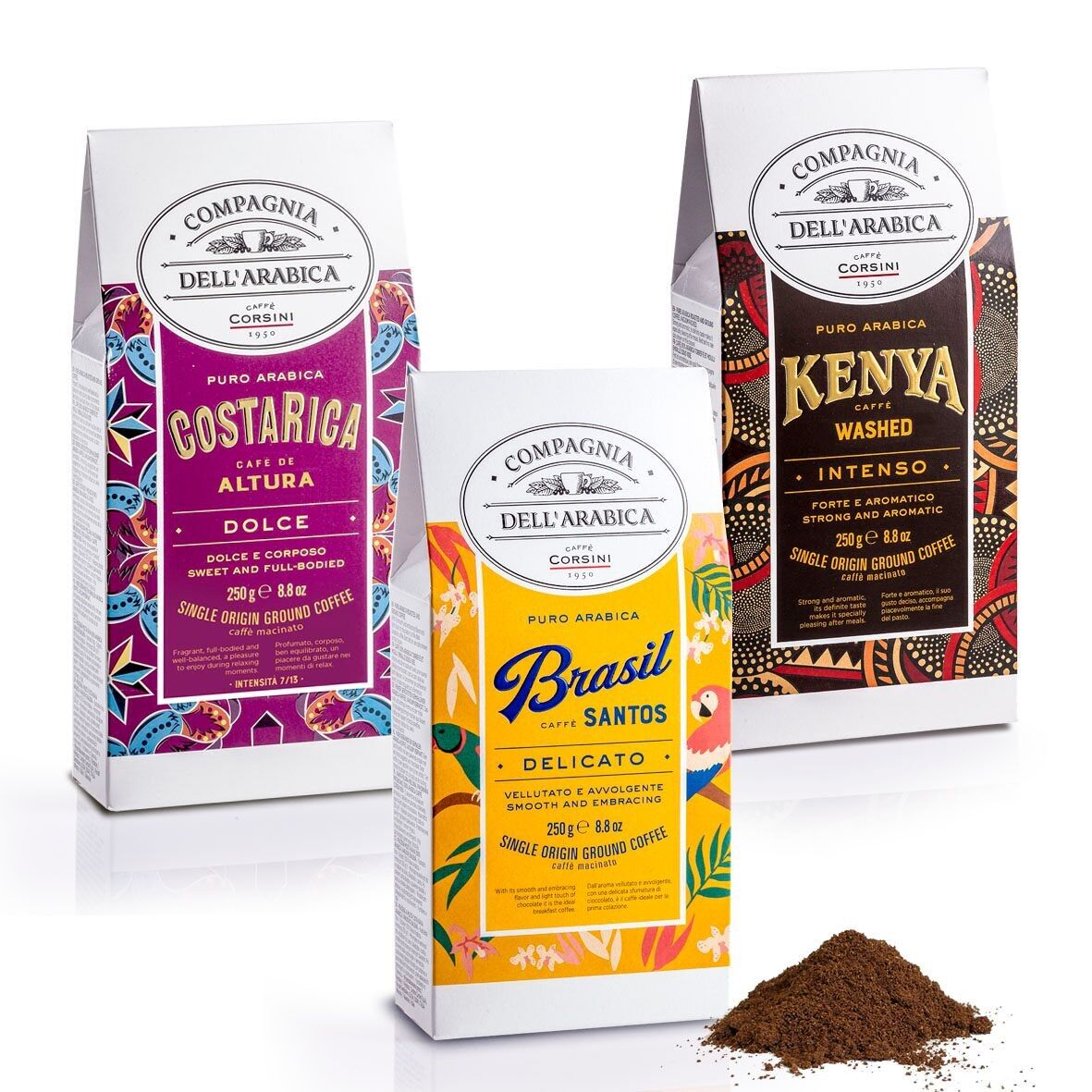 Ground Coffee | Enveloping Flavors and Fragrances from Around the World | Costa Rica, Brazil, Kenya | 3 X 250g
