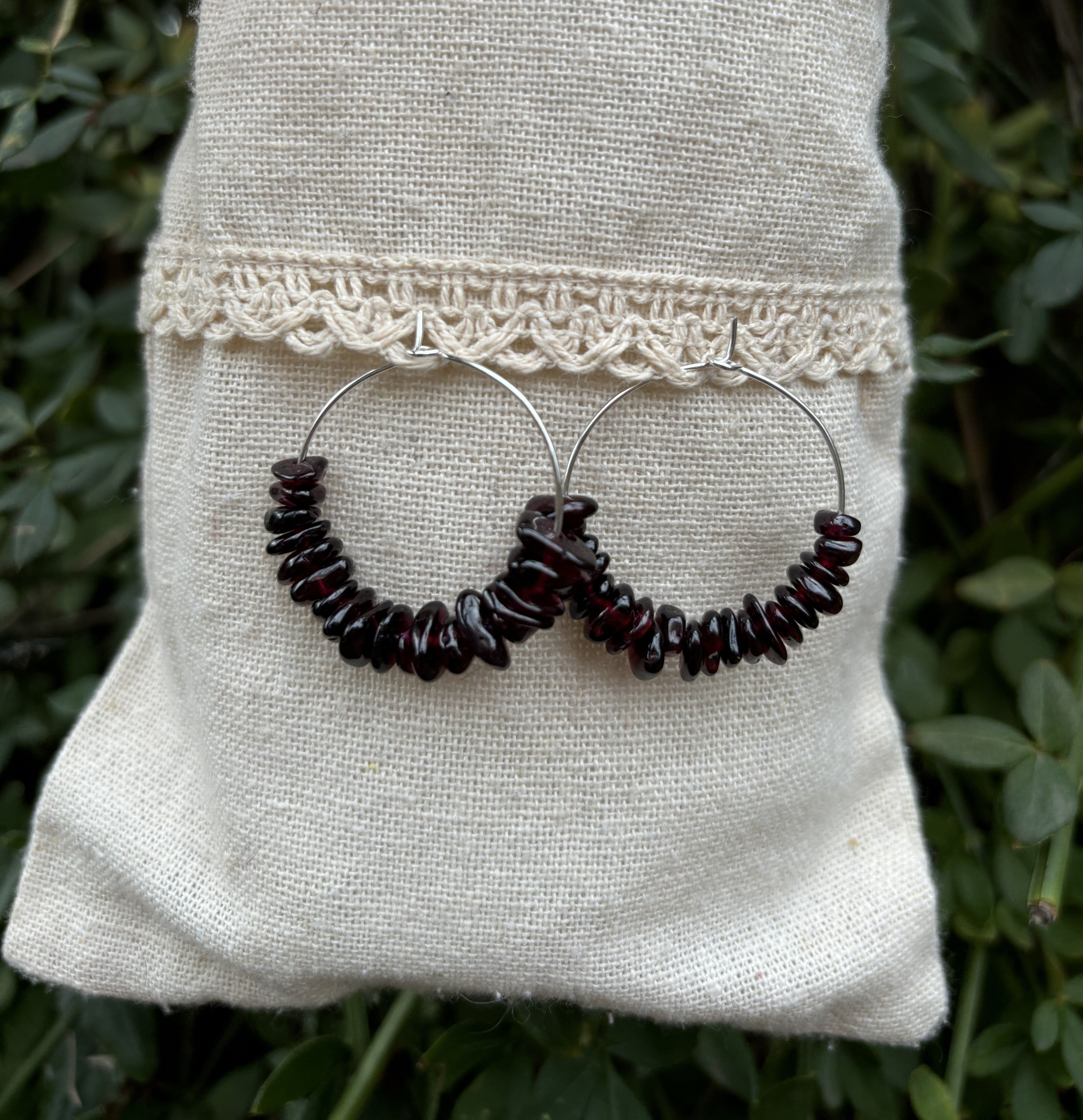 Garnet hoop earrings, made in France
