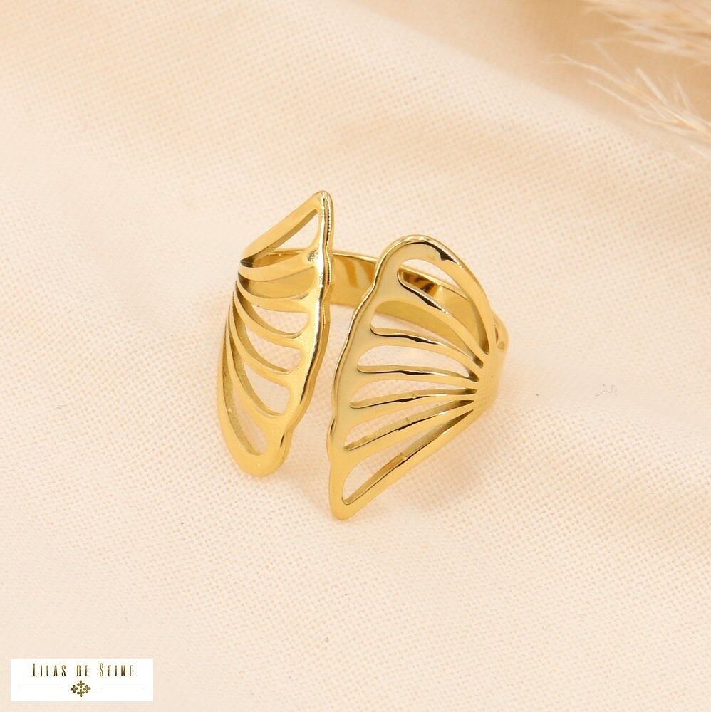 Anello aperto con foglia di gingko in acciaio inossidabile traforato 0423557