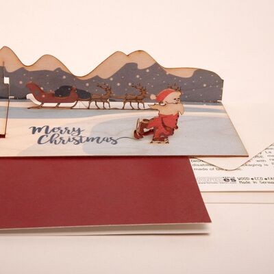 Santa on Ice - wooden greeting card with pop-up motif to stick