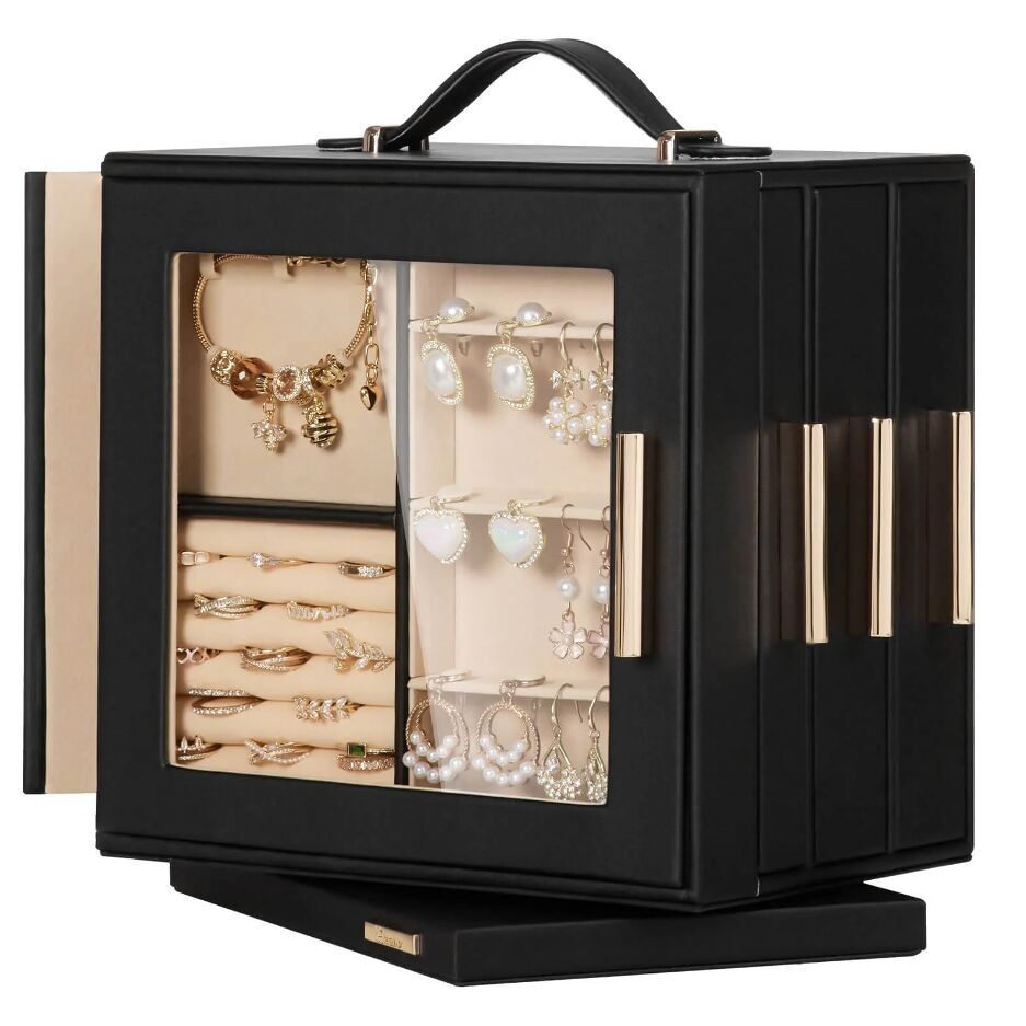 Portagioie con rotazione di 360°, finestra trasparente e 9 cassetti