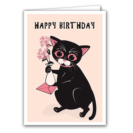 Tarjeta de feliz cumpleaños con forma de gato en forma de jarrón
