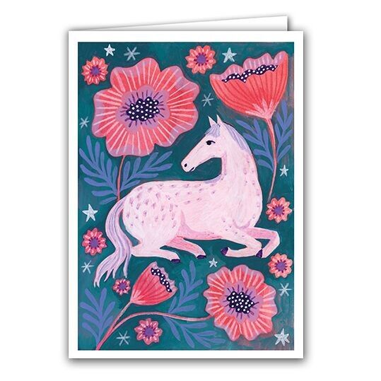 Biglietto di auguri vuoto - Cavallo a riposo tra fiori arancioni