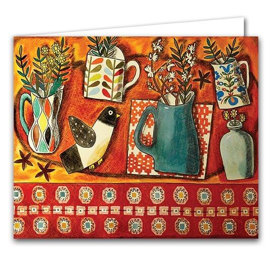 Biglietto di auguri vuoto - Uccello in feltro e gelsomino in fiore invernale