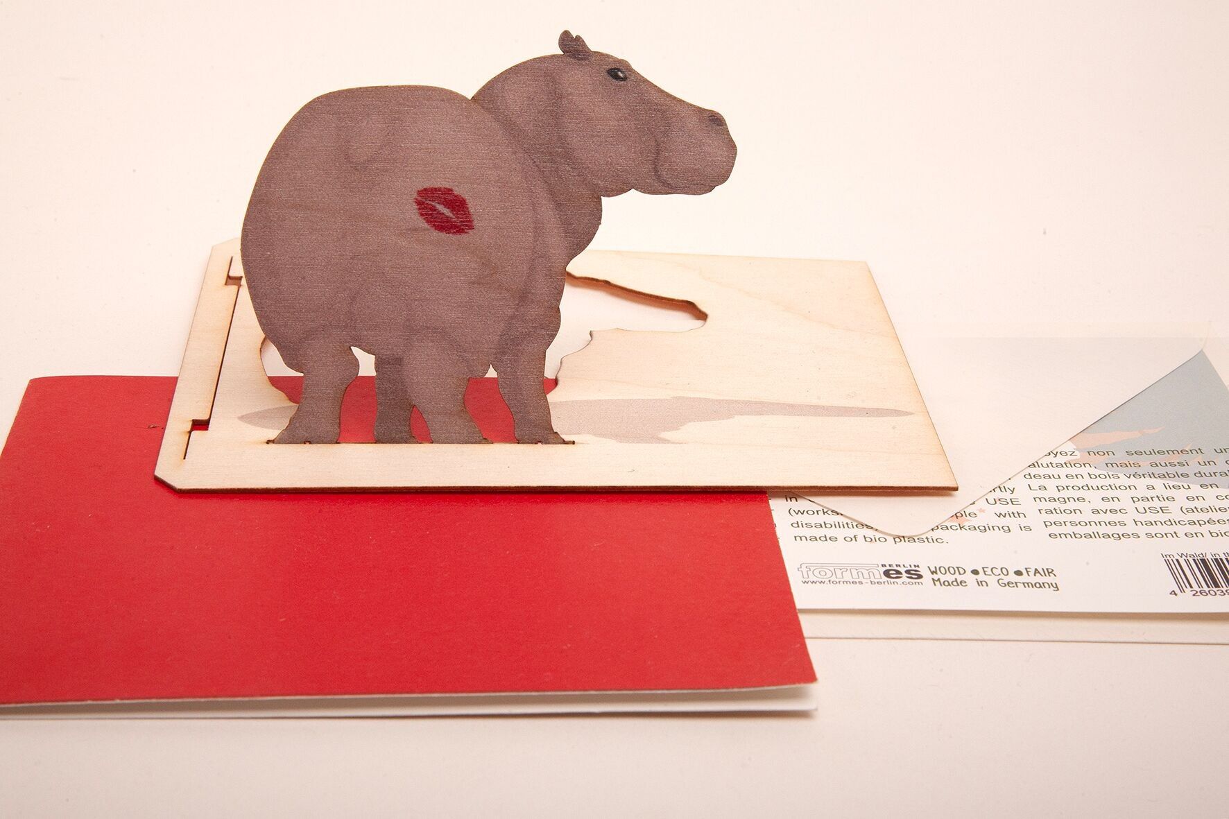 Nilpferd "kiss my bud" - Holzgrußkarte mit PopUp-Motiv zum Stecken