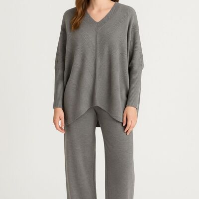 Pull côtelé surdimensionné à col en V en tricot de qualité supérieure assorti à un pantalon avec poches, taille élastiquée et lien à la taille